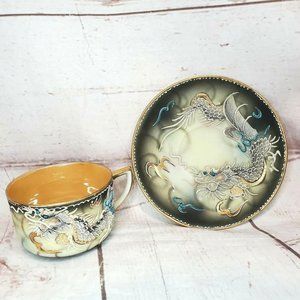Vintage Japanese Dragonware Teacup & Saucer Set Moriage Demitasse Hand Painted